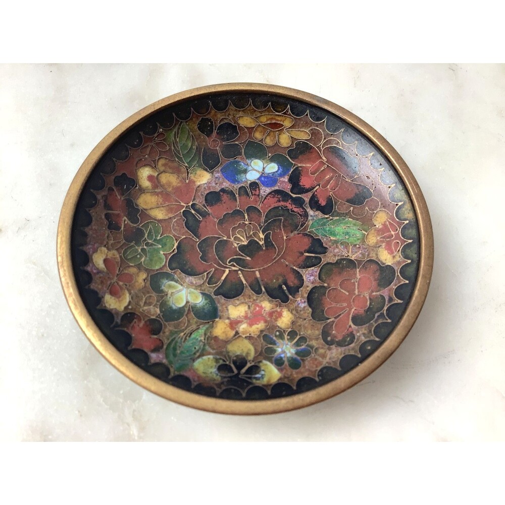 Cloisonne Trinket Dish Plate Brown Black Floral China Enamel 3"